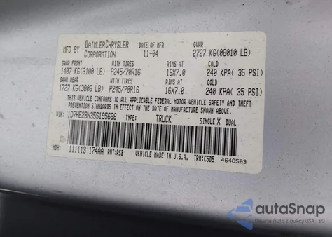 2005 Dodge Dakota St z USA, uszkodzony, nr VIN 1D7HE28N35S195688